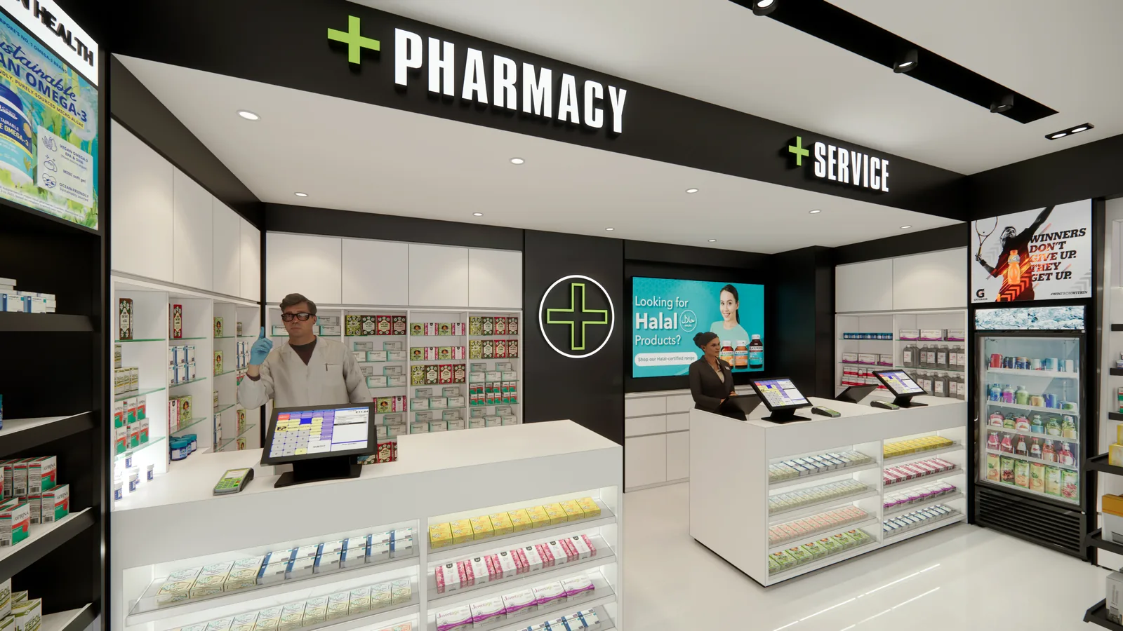 Render of the pharmacy and service counter inside Airport Pharmacy T1 East