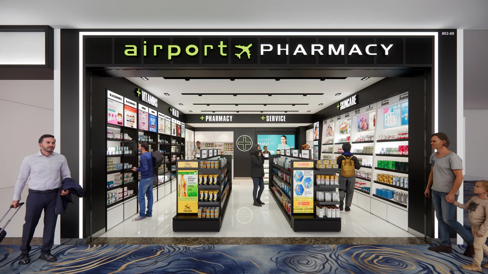 Designer render of the Airport Pharmacy T1 East shopfront at Changi Airport Terminal 1, unit #02-69