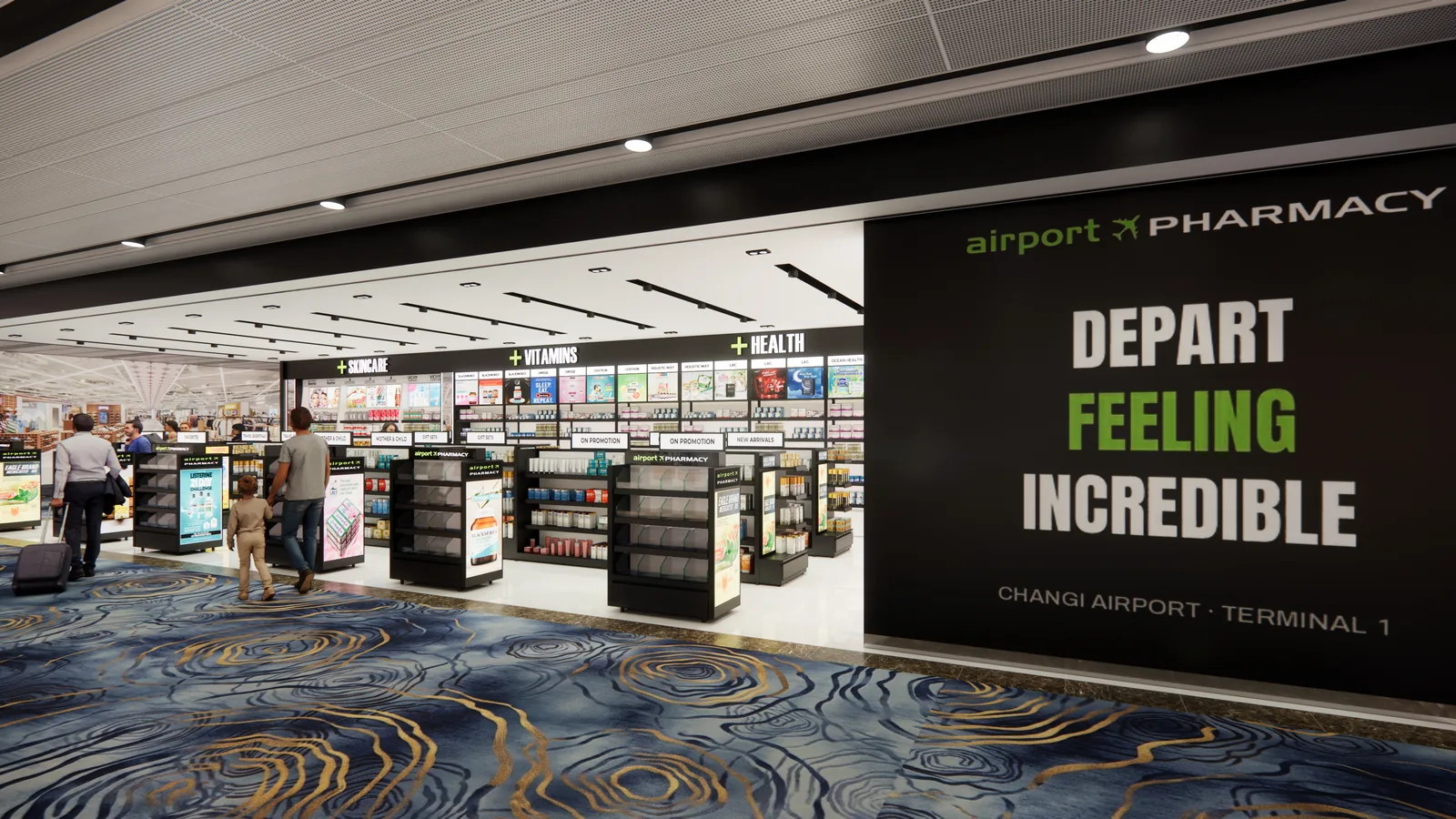 Render of the T1 West entrance with the Depart Feeling Incredible wall at Changi Terminal 1