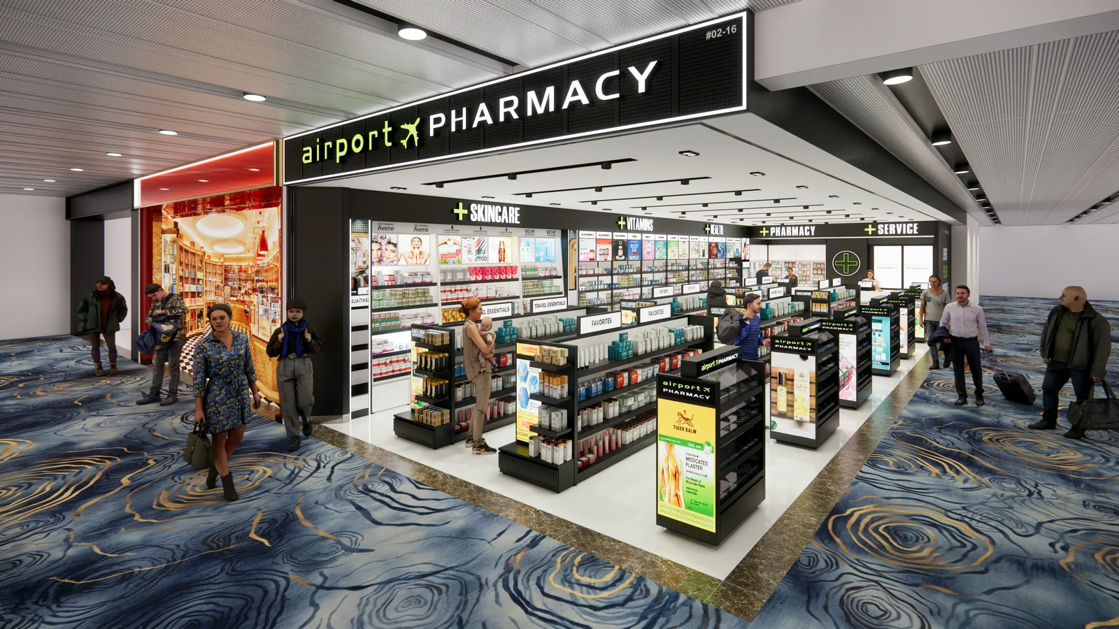 Designer render of the Airport Pharmacy T1 West shopfront at Changi Airport Terminal 1, unit #02-16