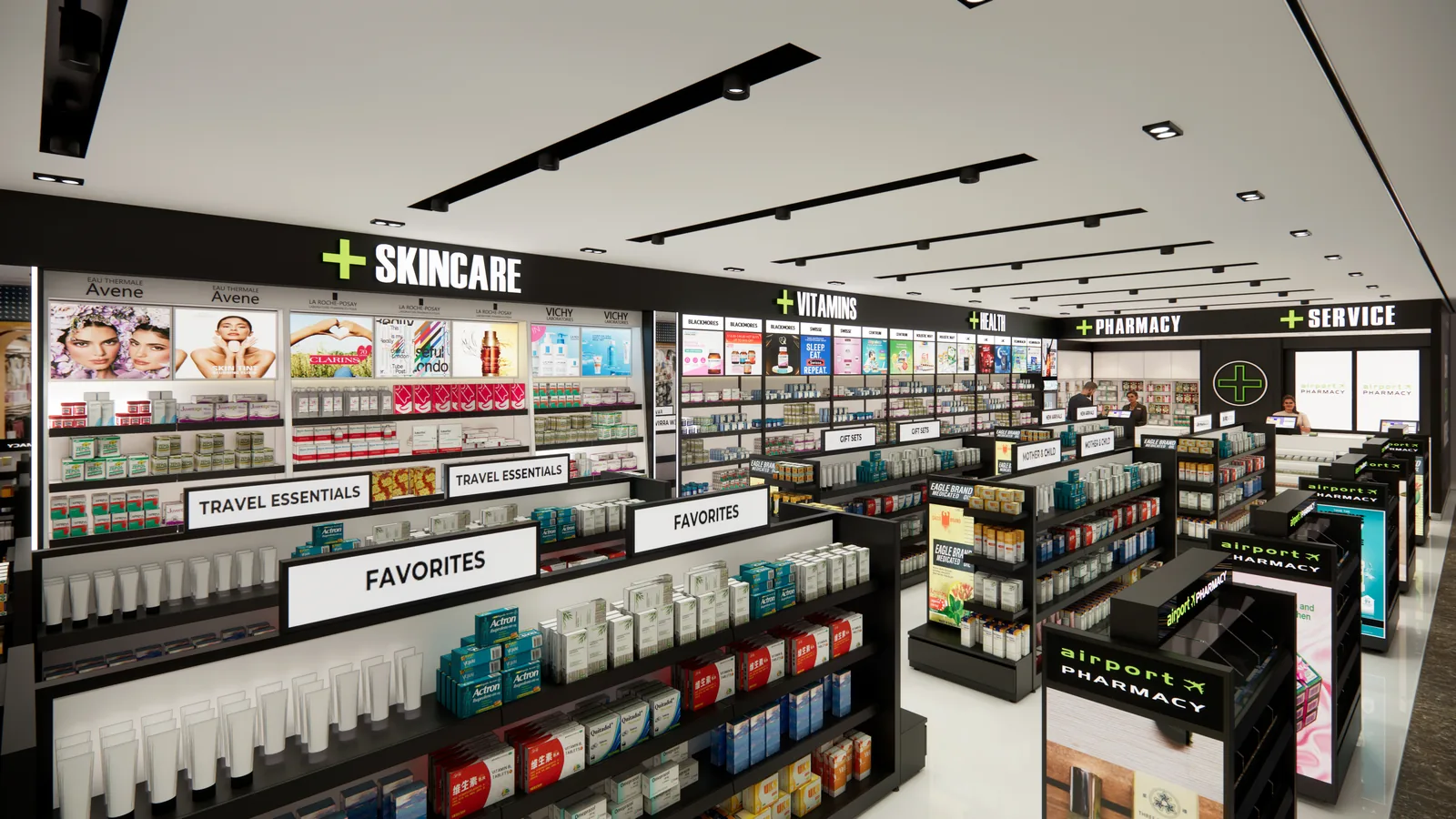 Render of the skincare wall and favourites gondolas inside Airport Pharmacy T1 West