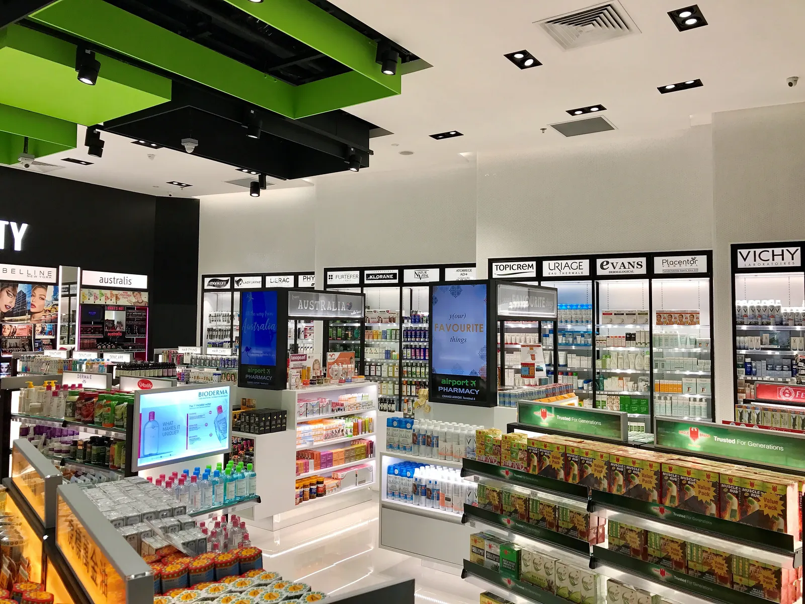 Skincare walls and beauty section inside Airport Pharmacy Changi T4